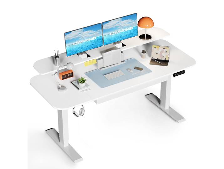 COMHOMA Bureau Bureau électrique réglable en hauteur\, 120x60cm électrique avec tiroirs\, support pour écran\, support pour tablette et tapis de souris