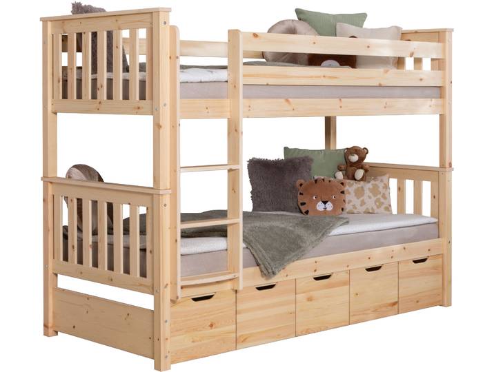 Etagenbett TICAA Sammy , beige (kiefer massiv natur), B:103,5cm H:160cm L:213cm, Etagenbetten, Etagenbett, mit Stauraum, umbaubar zu 2 Einzelbetten, Rollrost, Massivholz