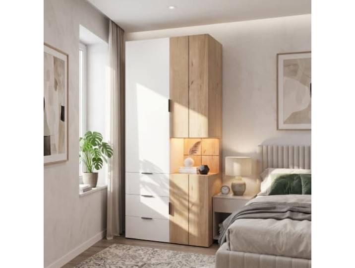 Kleiderschrank Weiß Holzoptik 90x49x200cm, mit LED und Schmuckschublade Moderner Drehtürenschrank Mit 2 Kleiderstangen Und 4 Schubladen, Für Schlafzimmer, Wohnzimmer Und Kinderzimmer