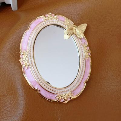 Fusion Finds Vintage Handheld Mirror With Antique Gold Relief Frame, Folding Portable Makeup Mirror For Travel & Vanity butterfly pink