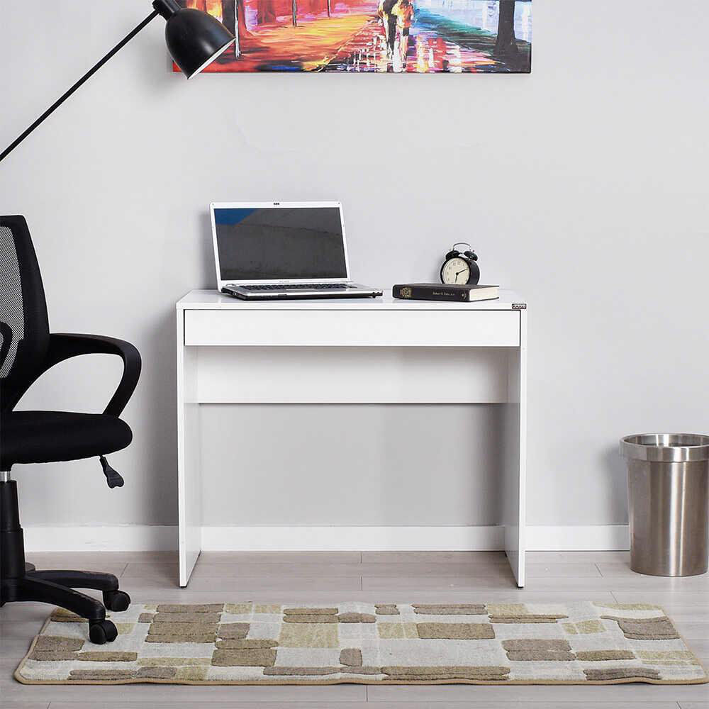 17 Stories Matt White Laptop Study Desk with Full Width Drawer White 75cm H X 90cm W X 55cm D