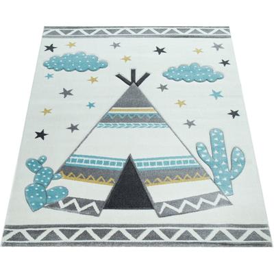 Kinderteppich PACO HOME "Ela 215", beige (creme), B:160cm H:16mm L:230cm, Polypropylen, Teppiche, Kinderteppich, Kurzflor, 3D-Design, Motiv Zelt, Wolken & Sterne, Kinderzimmer