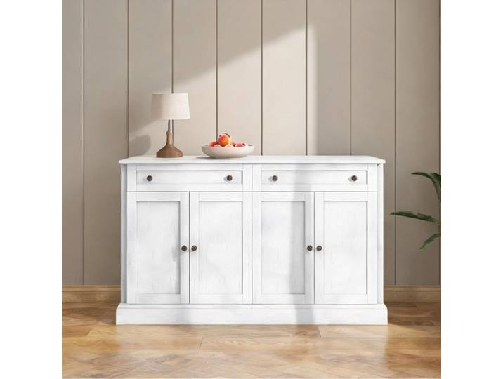 Buffet blanc antique 150 cm 4 portes 2 tiroirs style moderne panneau de particules