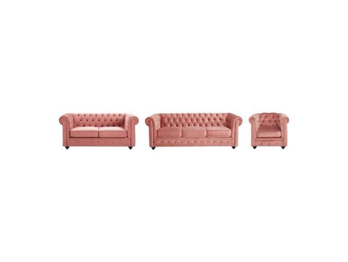 Canapés 3 places et 2 places et fauteuil en velours rose pastel CHESTERFIELD