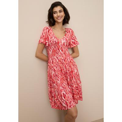 Jerseykleid TAMARIS "mit figurumspielender Silhouette, leichtem Tragegefühl", Damen, Gr. 34, N-Gr, Kurzarm, Single Jersey, rot (pink gemustert), Single Jersey, Obermaterial: 95% Viskose, 5% Elasthan, Rautenmuster, bedruckt, figurumspielend mini,...