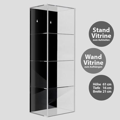 Hochwertige Acryl-Vitrine mit schwarzer Rückwand und 4 Ebenen. Einschub an der Vorderseite kann komplett geöffnet werden. Wahlweise als Stand-oder