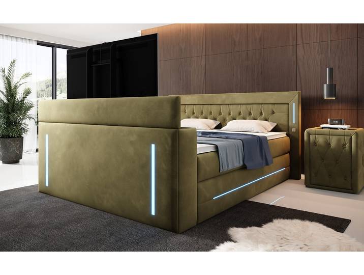 Boxspringbett Divalo mit TV Lift und Stauraum - 160x200 - Olive - H4 (100kg+) - Luxusbetten24