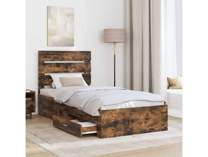 SKTQYQO Bettgestell aus rauchiger Eiche Silber 75 x 190 cm Technisches Holz, mit Schubladen, Kopfteil inklusive, modernes Design, Verwendung im Innenbereich
