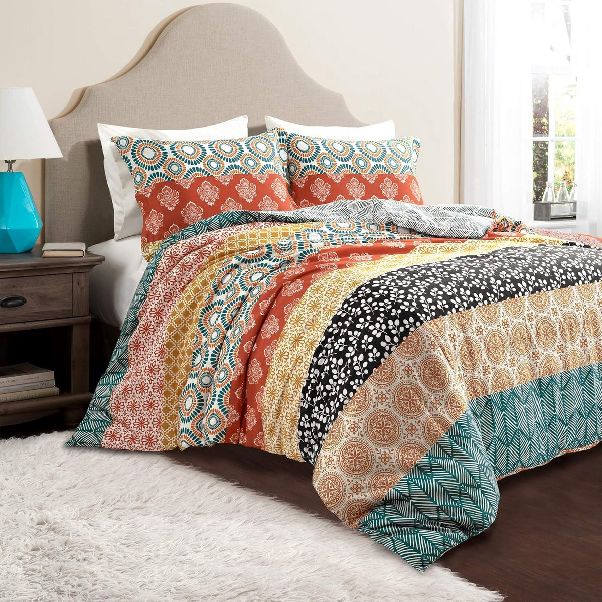 3-delige omkeerbare katoenen dekbedovertrekset in turquoise en oranje met bohemian stijl