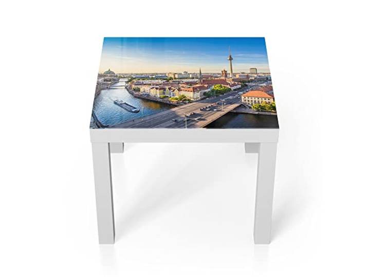 DEQORI Glastisch weiß klein 55x55 cm Motiv Berlin aus der Luft ausgefallener Beistelltisch aus Glas Hochglanz Couchtisch fürs Wohnzimmer moderner Couch Tisch mit Design