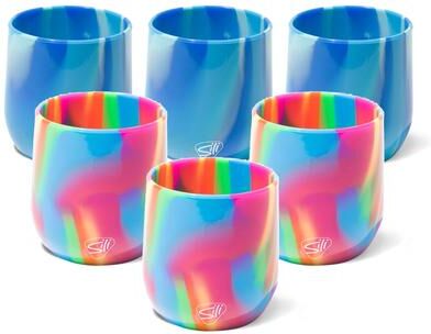 Silipint: Silicone 12oz Stemless Wine Glasses: 6 Pack - 3 Hippie Hops & 3 Arctic Sky - Flexible & Unbreakable, Hot/Cold