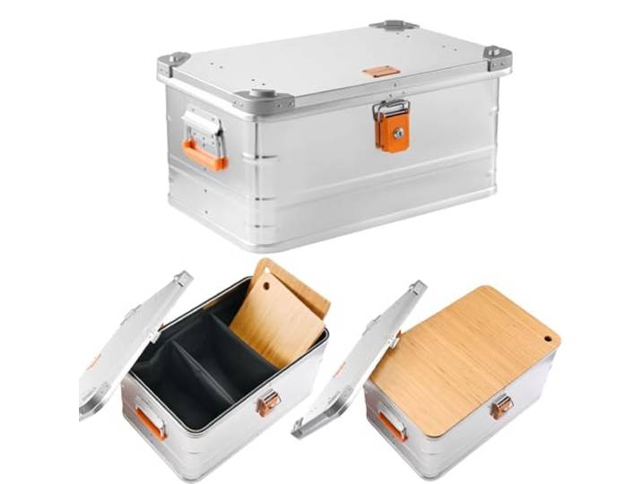 Alubox® Campingbox 47 Liter - Aluminium Kitchenbox Campingküche - leichte tragbare Küchenbox 59,5 x 39 x 29 cm für PKW/Auto Kofferraum inklusive 2 Schneidebretter