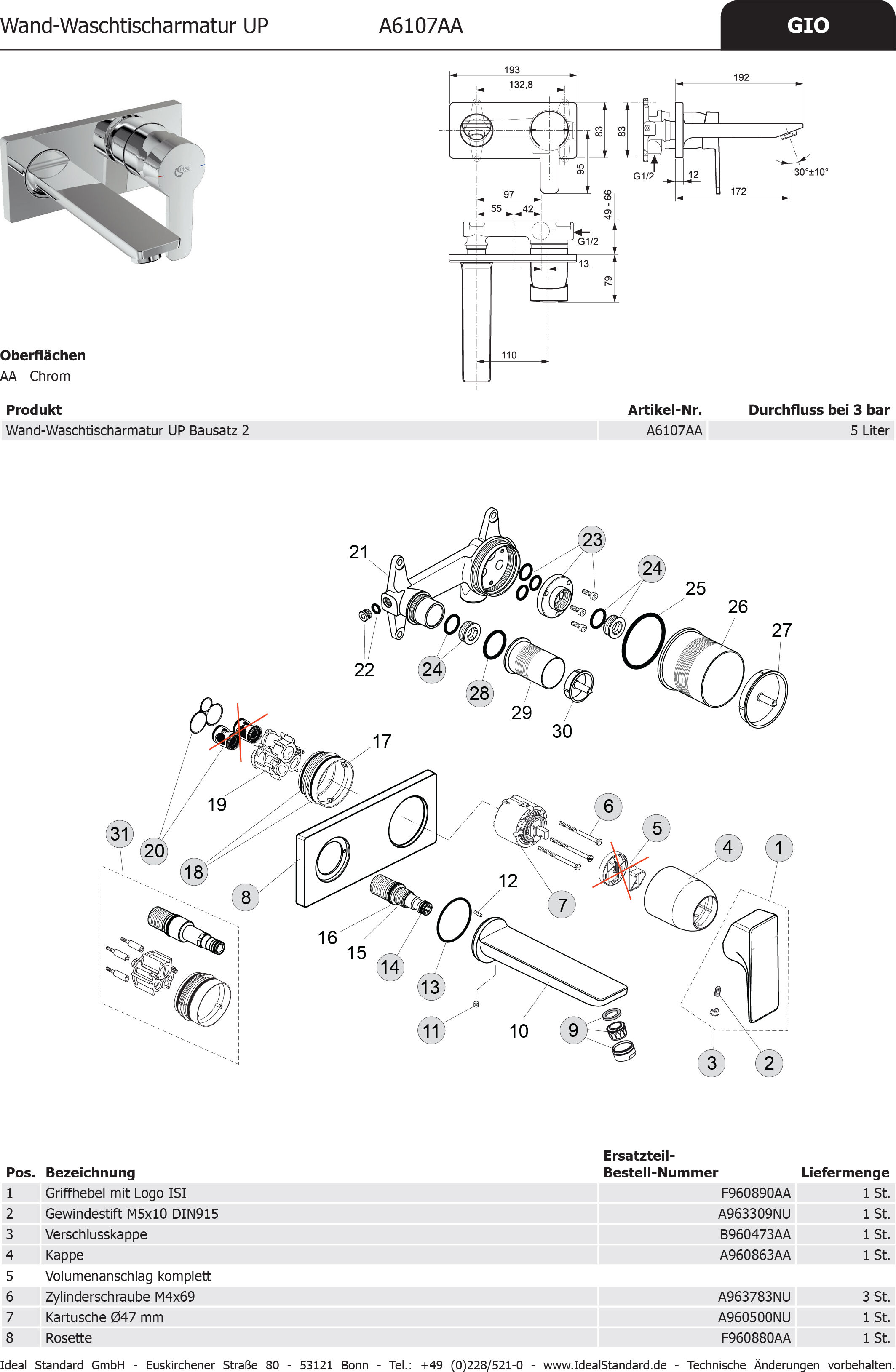 Ideal Standard avec 2 ouvertures STRADA, F960880AA encastré WT, chrome