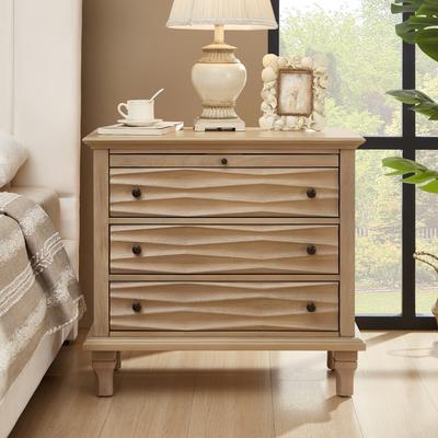 "GDFStudio Zorynth Wood Farmhouse 28.25"" Nightstand with Charging Station and 3 Drawers"