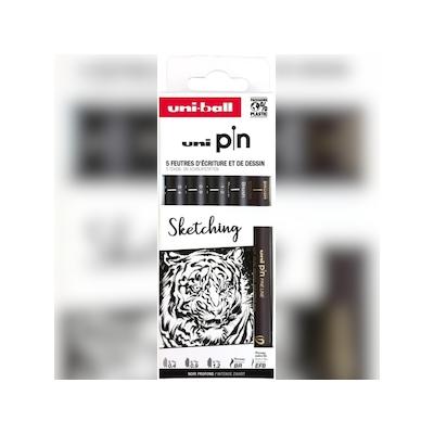uni-ball Set aus 5 technischen PIN-Filzstiften mit kalibrierten Spitzen von 0,4 bis 1,2 mm und 2 Pinselspitzen, schwarze Tinte
