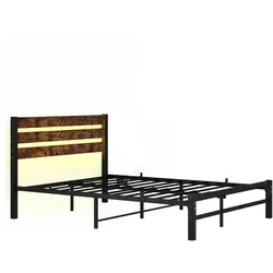 OKWISH Bettgestell aus MDF und Metall, Antikbraun, 120x200 cm, mit LED-Beleuchtung, geräuscharm und mit Unterbettaufbewahrung