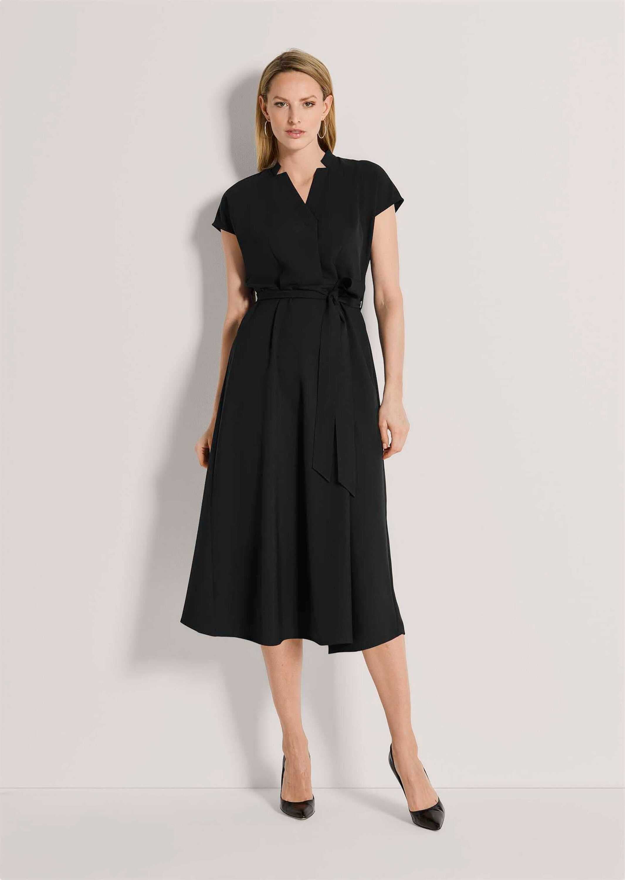 Midikleid MADELEINE "Kleid Tunikakleid mit Bindegürtel", Damen, Gr. 44, N-Gr, schwarz, Modern, weit, V-Ausschnitt, Kleider Midikleid