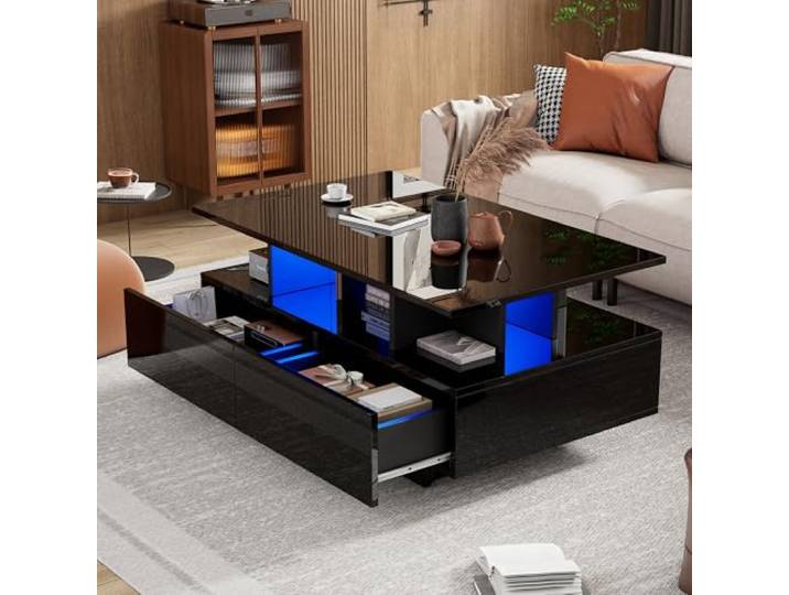 BTM Modernes Hochglanz-Couchtisch mit LED-Beleuchtung, 2 Schubladen, Beistelltisch, 90x55x41 cm