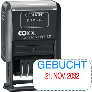 Colop Datumstempel Printer S260/L3, rot/blau, selbstfärbend, Abdruck 24 x 45 mm, Schrifthöhe 4 mm, mit Lagertext: Gebucht