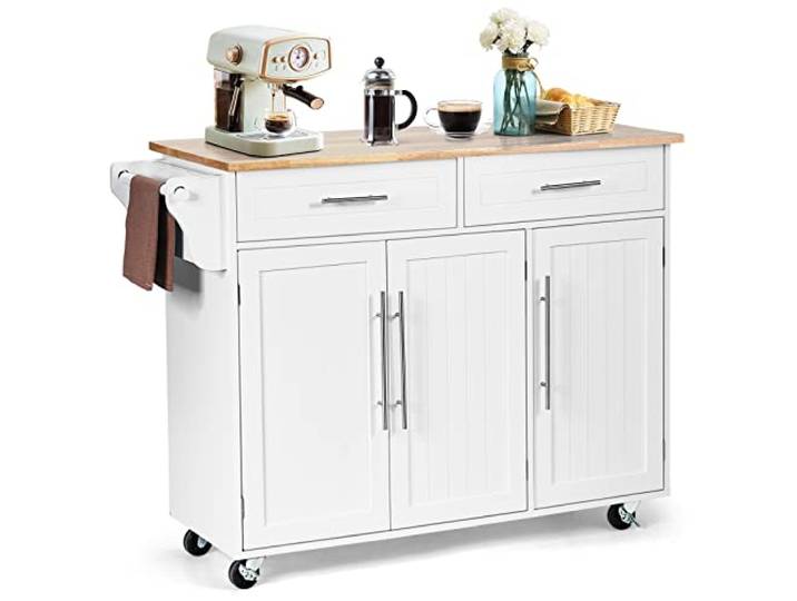 COSTWAY Küchenwagen auf Rollen, Servierwagen mit Arbeitsplatte, 2 Schubladen, Messer- & Handtuchhalter, Küchentrolley Holz, Küchenschrank für Küche, Beistellwagen Kücheninsel (Weiß)