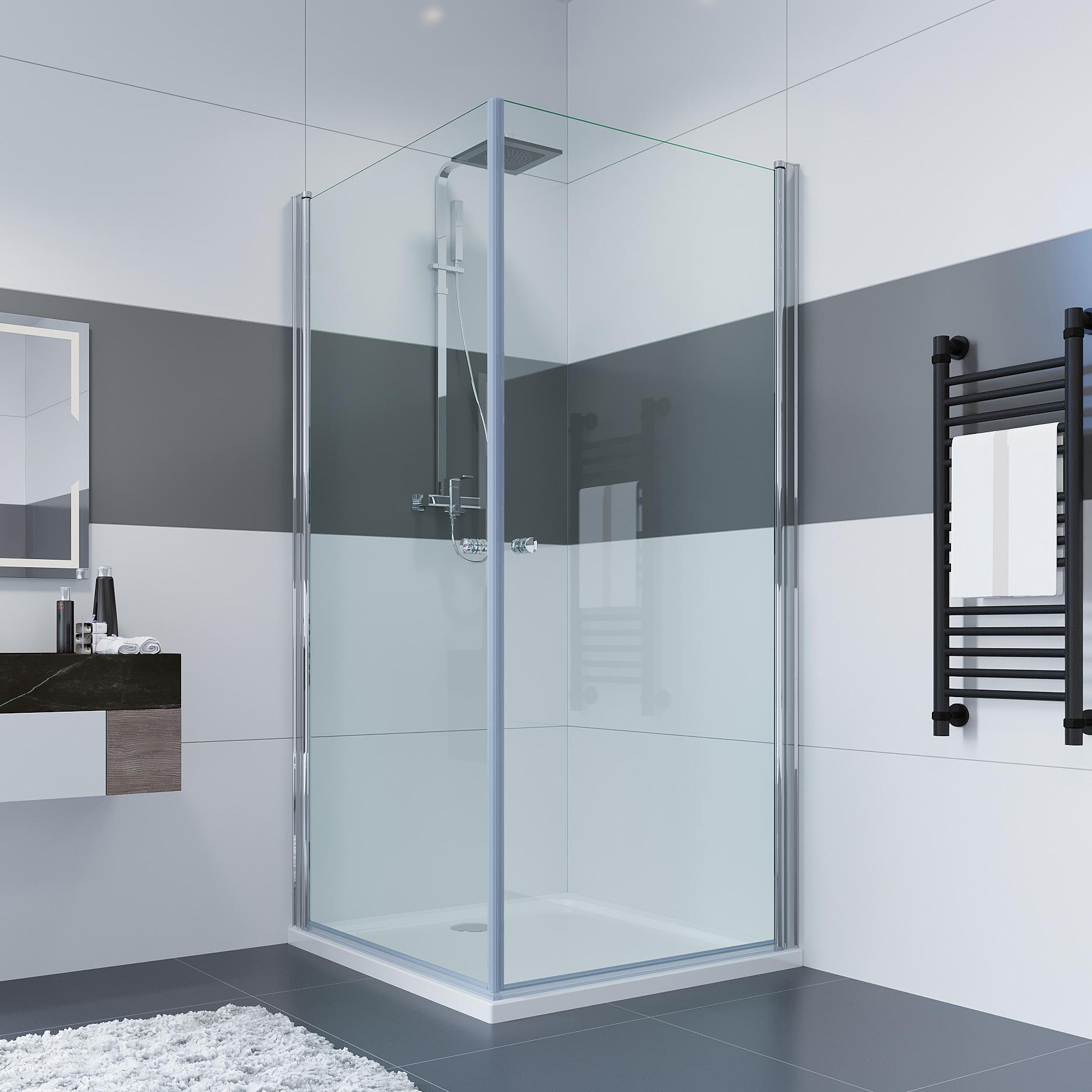 IMPTS Pendeltür Duschkabine Eckeinstieg 75x90x185cm Duschabtrennung Doppelt Schwingtüren Eckdusche ESG Glas Duschwand,Mit Duschwanne
