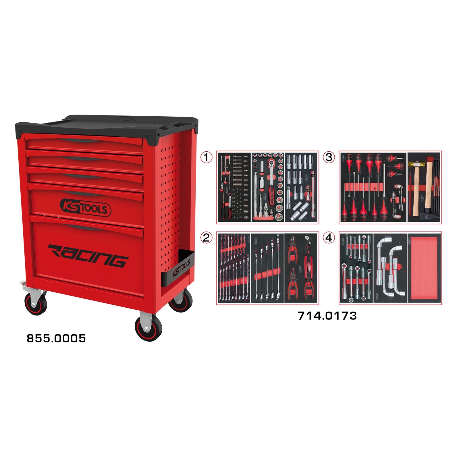 KS Tools RACING-Werkzeugwagen mit 5 Schubladen, bestückt mit 173 Werkzeugen (173x) (855.5173)