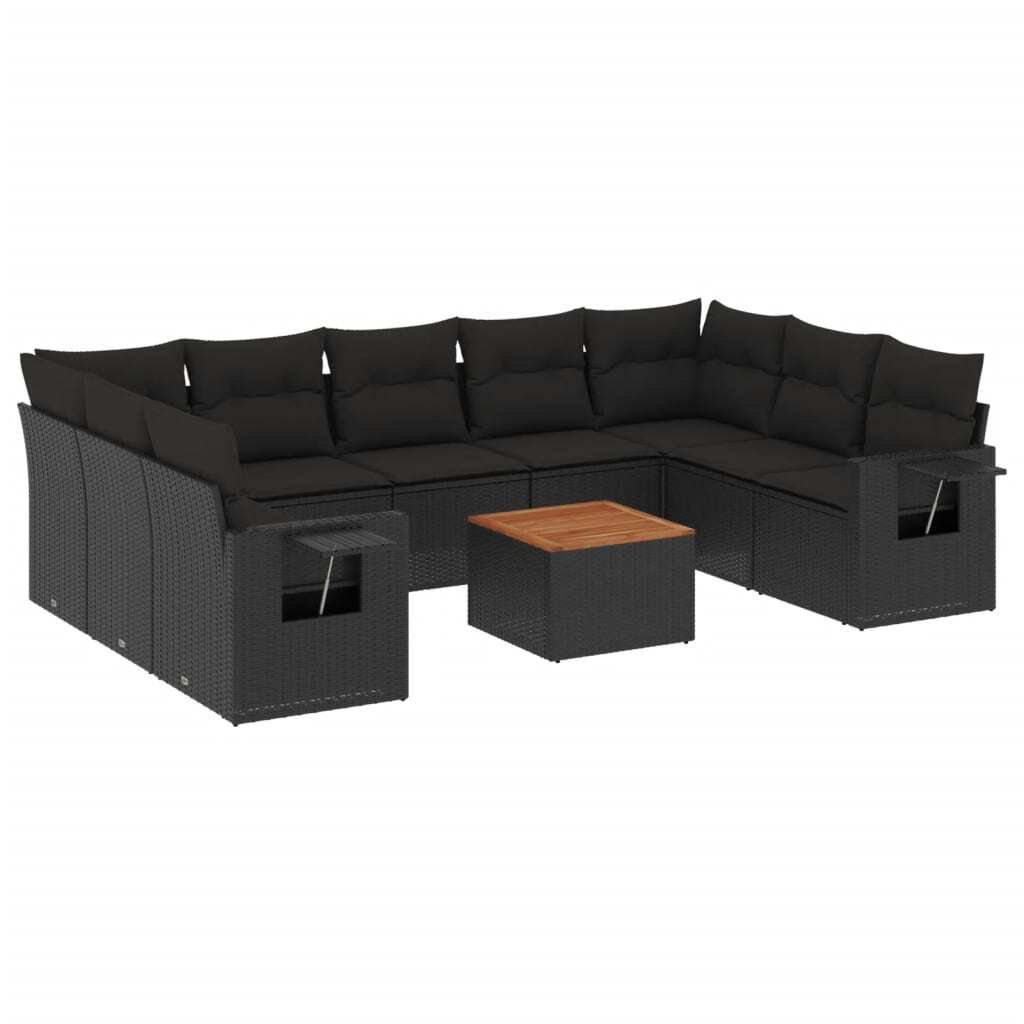 Modulare 10-tlg. Garten-Lounge-Sitzgruppe, Poly Rattan Schwarz, mit klappbaren Ablagen, Akazienholz-Tisch, waschbaren Kissenbezügen