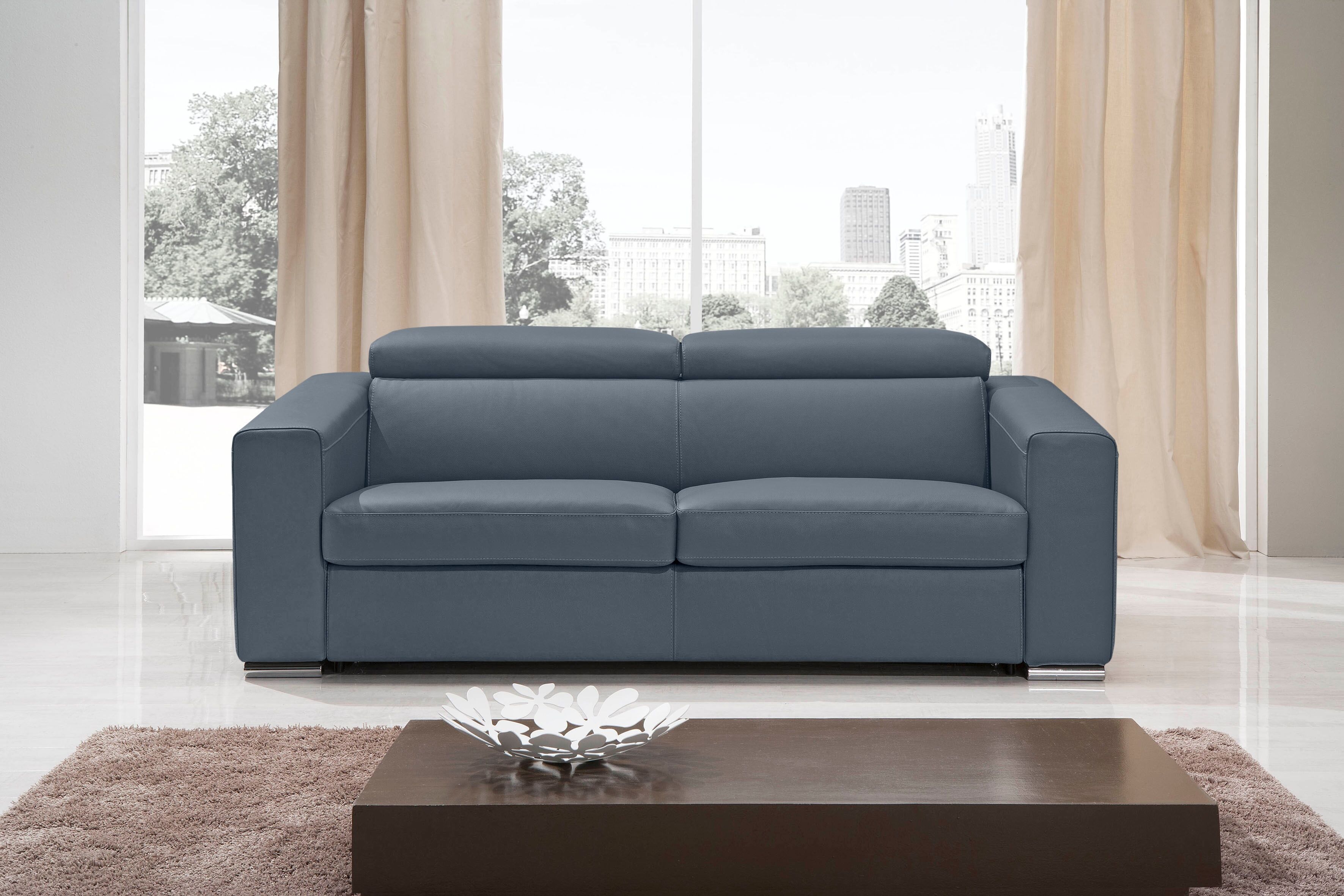 Schlafsofa EGOITALIANO "Cabiria, Design und super Sitz- und Liegekomfort", grau (smoke), B:226cm H:97cm T:103cm, Leder »BULL« (echtes Rindsleder). Geschliffenes, pigmentiertes und behandeltes Rindsleder mit einer Dicke von 1, 3-1, 5 mm. Dieses Leder zeigt