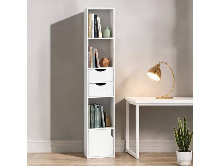 Bibliothèque étagère compacte en panneau de particules blanc 30x24x158 cm avec 2 tiroirs et placard