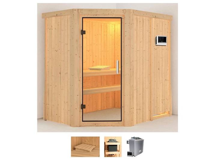 Sauna KARIBU Clara , beige (naturbelassen), Saunaofen, externe Steuerung, 9 kW, Saunen, Sauna, Ofen 9 KW externe Strg easy