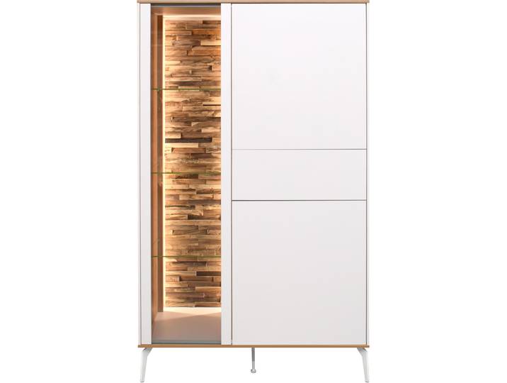 Highboard MÄUSBACHER, weiß (ice weiß supermatt, asteiche), B:101cm H:160cm T:42cm, Sideboards, Highboard, Faro Highboard B 101 cm, inkl. Beleuchtung, Push to open, Metallfüße