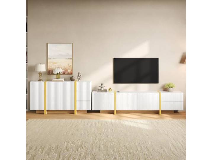 VIIOOIIV TV-Schrank und Sideboard Set, Lowboard 190 cm lang, Fernsehtisch für Wohnzimmer mit Schublade, Regalen und Schrank, Sideboard mit Schublade und Regalen, Weiß (190 * 35 * 45 cm)