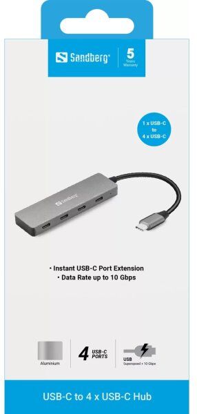 Sandberg Kompakt Usb-C To 4 X Usb-C Hub, Grå