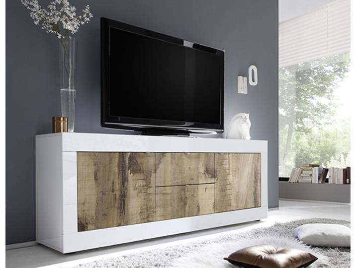Meuble tv 2 portes 2 tiroirs Costa blanc brillant/poirier - Basika
