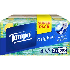 Tempo Taschentücher Original weich & stark, Duo Box, Zellstoff, 4-lagig, waschmaschinenfest, 2x 100 Tücher