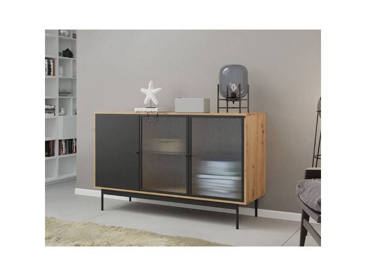 Lamia - buffet bas - effet bois et noir - 3 portes - 148 cm - Noir / Bois