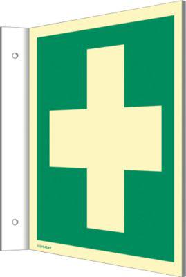 moedel Fahnenschild „Erste Hilfe“, EN ISO 7010, Leuchtklasse C, 160 mcd/m², bis 14,8 m, L 148 x B 148 mm, Kunststoff, grün