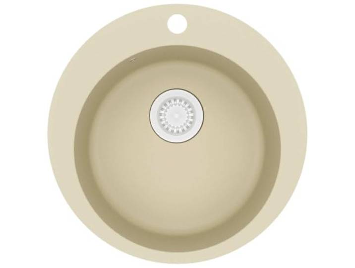 Xhnifbn Granitspüle Rund Beige Einzelbecken Einbauspüle 505 mm Quarzkomposit-Spüle für die Küche: hitzefest bis 280 Grad, pflegeleicht, inklusive Siebkorb ab 450 mm Unterschrank.