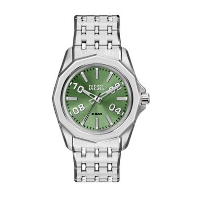 Quarzuhr DIESEL "Stinger 3-Hand", grün (edelstahlfarben, grün, grün), Armbanduhren, Herren, edelstahlfarben, Quarzuhr, Armbanduhr, Herrenuhr, Edelstahlarmband, analog