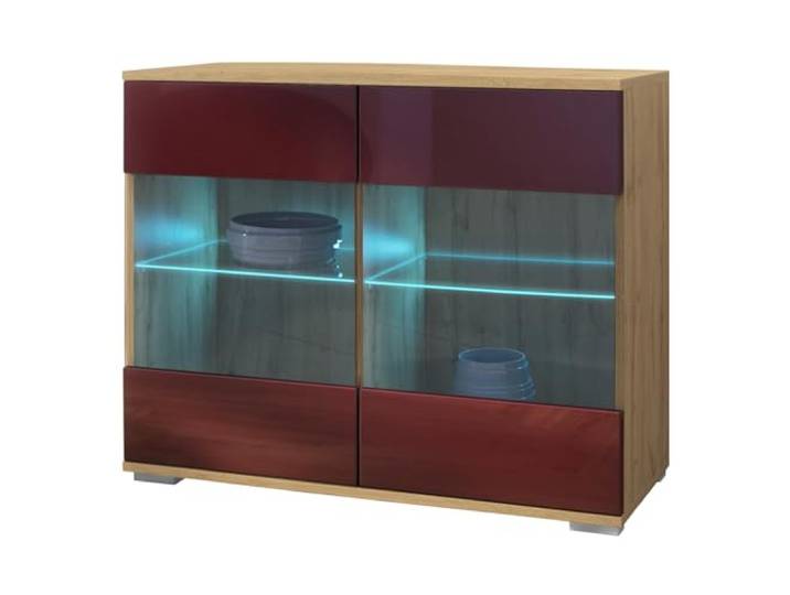 Vladon Kommode Bari V3, Moderner Küchenschrank mit 2 großen Glastüren inkl. RGB Beleuchtung Eiche Evoke/Bordeaux Hochglanz (92,5 x 75.5 x 35)