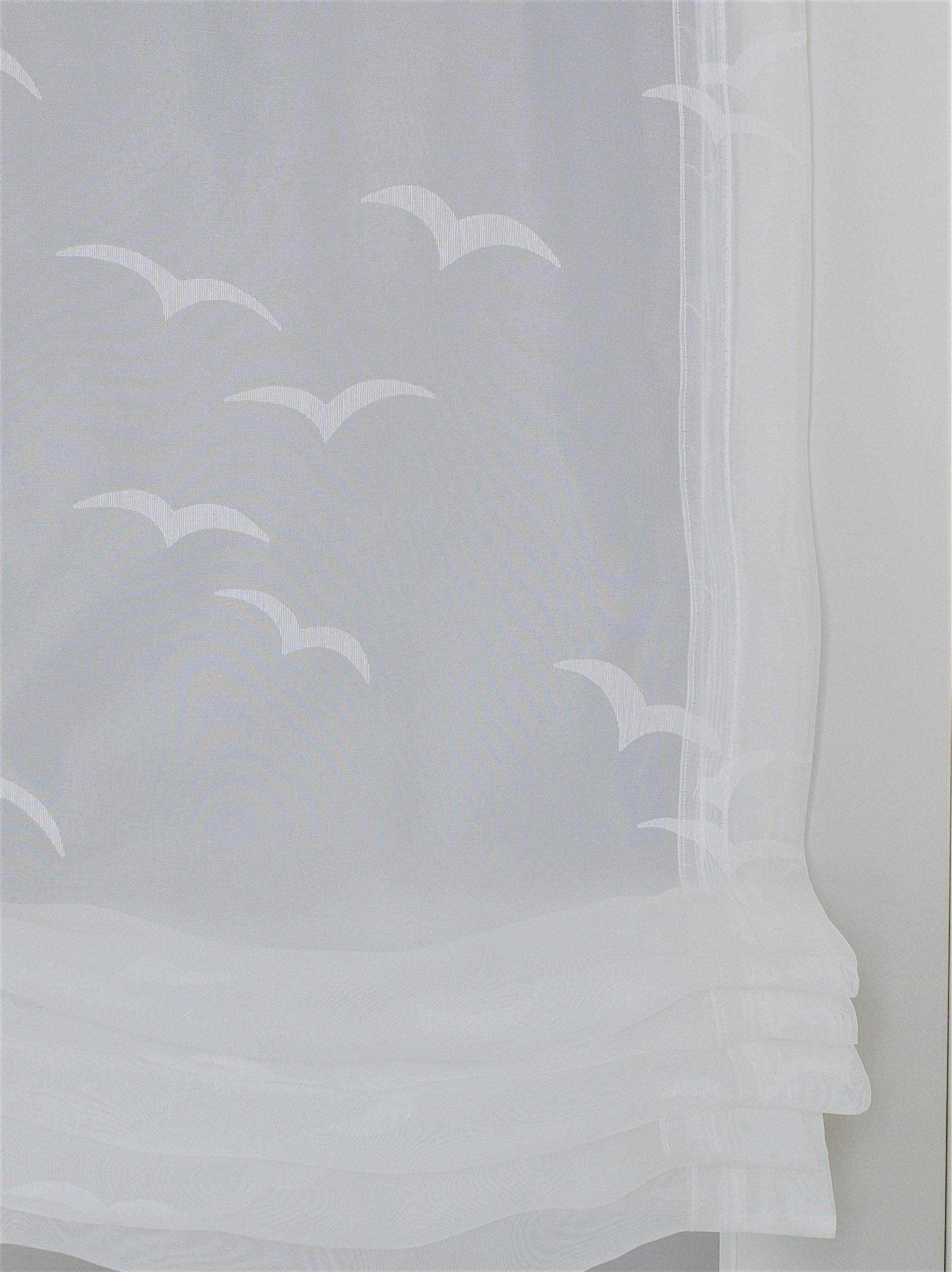 Raffrollo KUTTI "Seabird" Gr. 4, weiss (sanftes weiß), B:100cm H:130cm, Ausbrenner, Obermaterial: 98% Polyester, 2% Viskose, Raffrollos, Raffrollo, transparent, Ausbrenner, Motiv, maritim, mit Edelstahlhaken sanftes weiß 130cm, einseitig verschiebbar, Hak