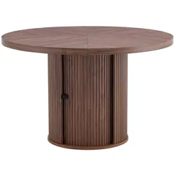 OKWISH Esstisch MDF Walnuss 115x115x74 cm, rund mit Fischgrät-Optik, Säulenfuß mit Stauraum für 4–6 Personen