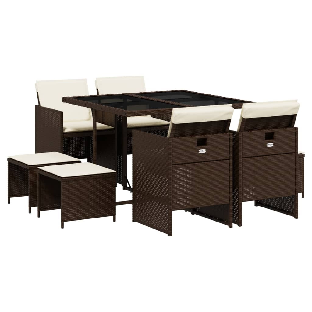 Garten-Essgruppe 9-teilig, platzsparend, Poly Rattan, pulverbeschichteter Stahl, Hartglas, Braun, Cremeweiß, mit abnehmbaren Kissen, UV-beständig