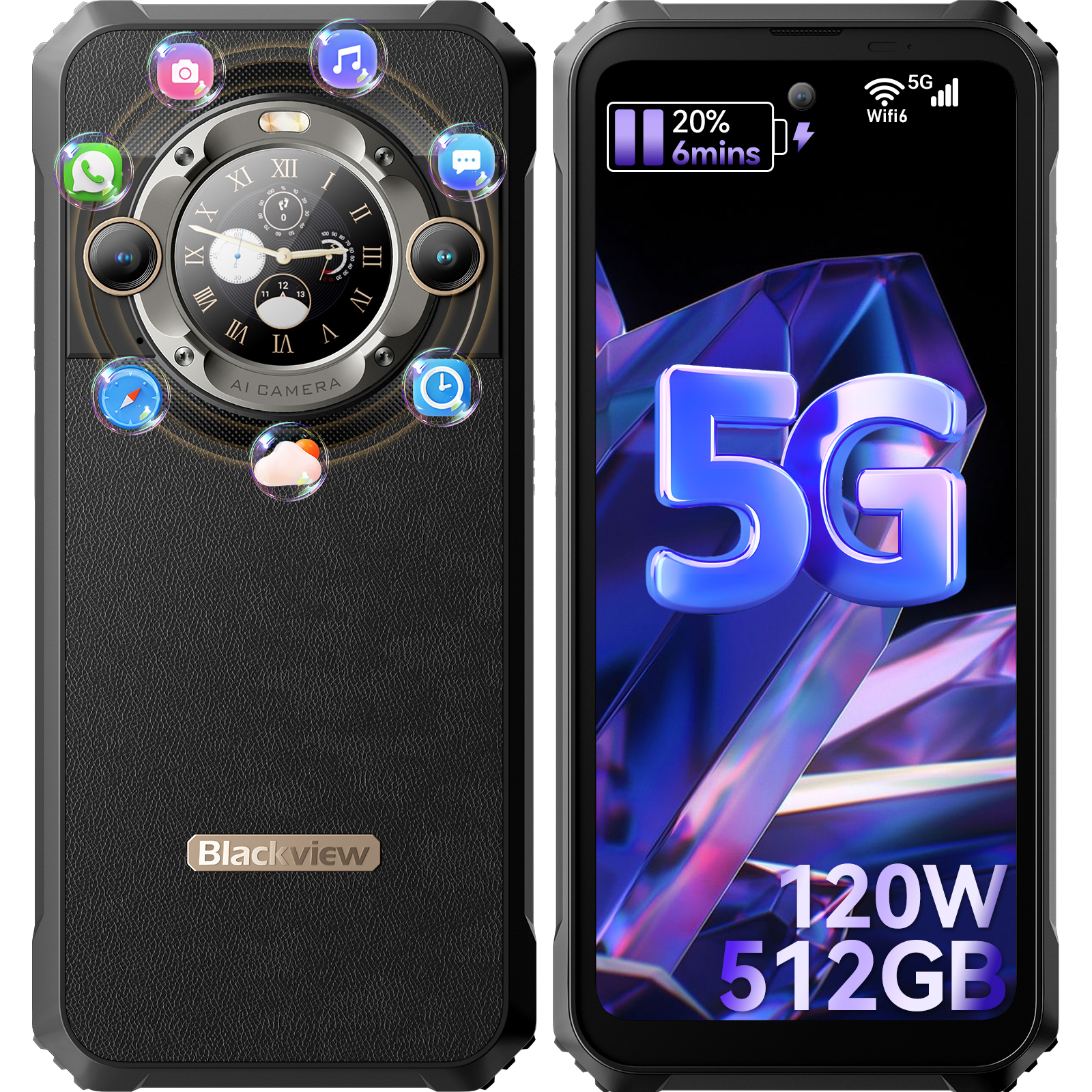 Blackview BL9000 5G AI Outdoor Handy, 24GB RAM 512GB ROM MediaTek Dimensity 8020 Ohne Vertrag,6.78'' FHD+1.32'' Zurück Dsiplay, 8800mAh/120W/NFC