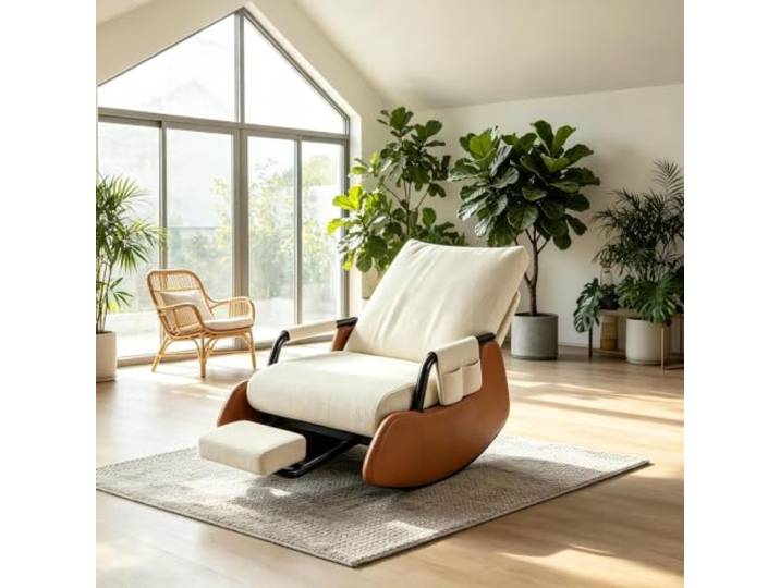 kumamart Ergonomischer Ruhesessel - für Wohnzimmer und Schlafbereich Entspannender Schaukelsessel mit stabiler Kufenkonstruktion und verstaubarer Fußablage.