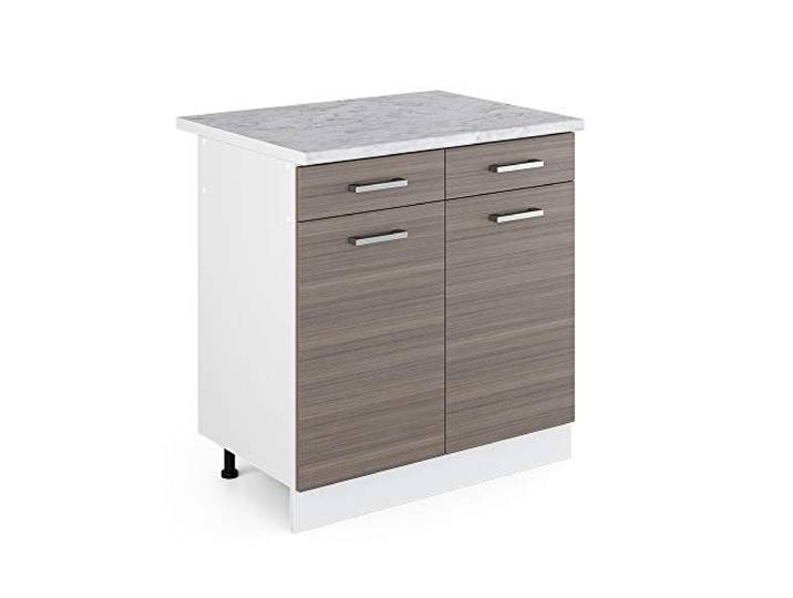 Vicco Küchenunterschrank R-Line, Edelgrau, 80 cm 2 Schubladen · Arbeitsplatte Marmor · Höhenverst. Füße · 2 Türen · Leichter Zugriff