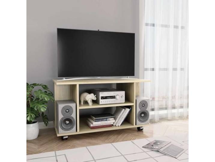 HEFZGDB TV-Schrank mit Rollen Sonoma-Eiche 80x40x45 cm Holzwerkstoff mit 4 offenen Regalen und 4 Rollen, 2 arretierbar, für Multimedia-Geräte, moderner Wohnzimmer-Schrank,