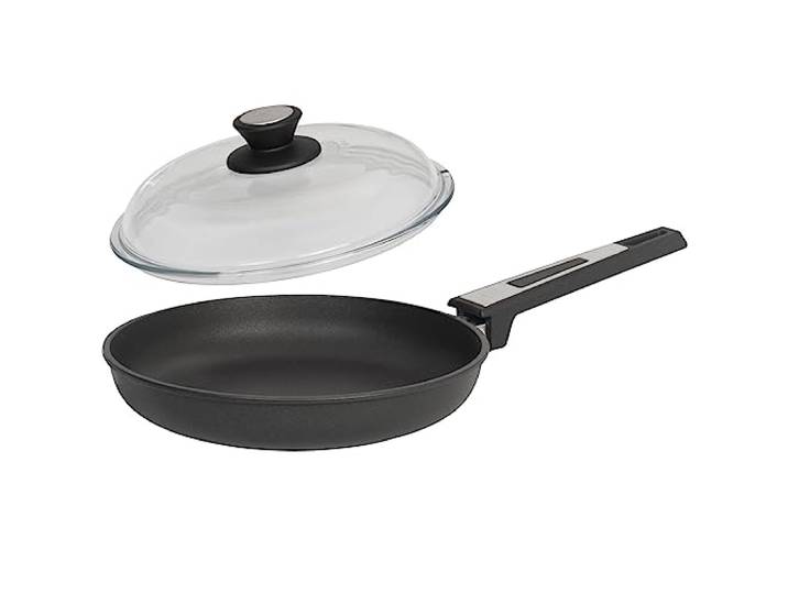 SKK kleine 2-tlg. Aluguss Flachrand-Pfanne Ø 20 cm Induktion - Bratpfanne mit Antihaft-Versiegelung & Vollglas-Deckel - Made in Germany