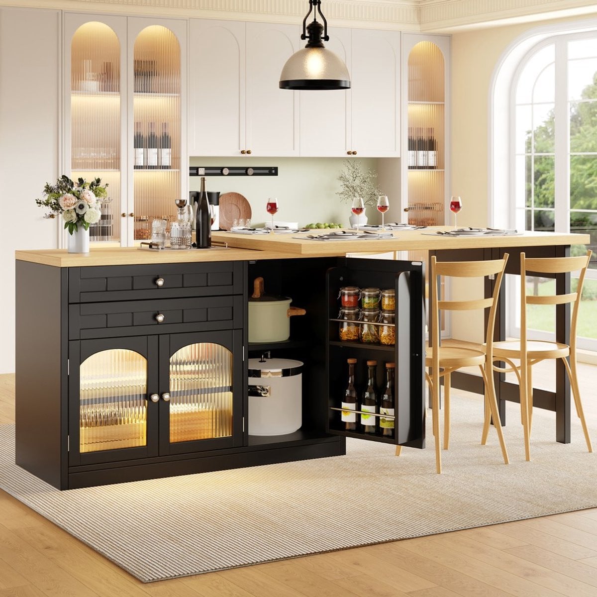 KOMHTOM Eettafel met Keukeneiland en Opbergruimte, Uitschuifbaar 120-194 cm, 360° Draaibaar Tafelblad, Zwart
