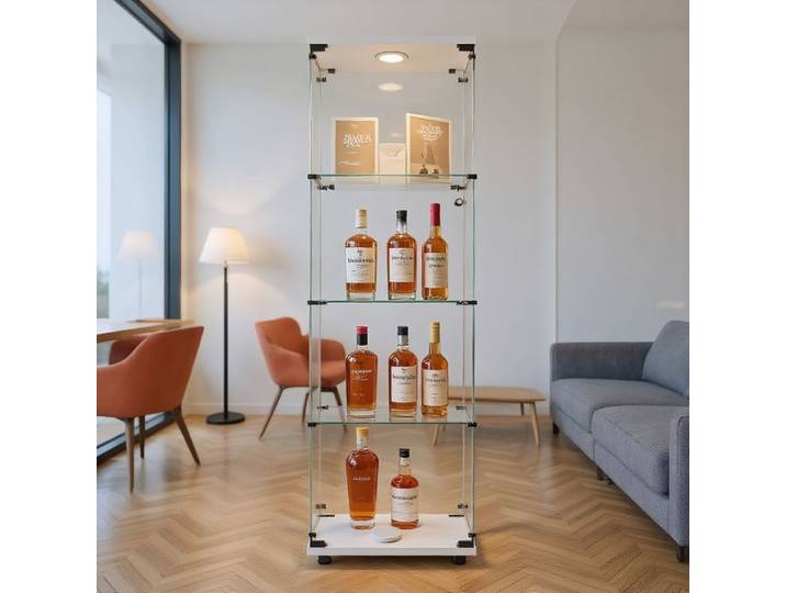 Vitrine en Verre Led Vitrine de collection avec serrure 1 portes 4 étages Vitrine en verre pour collection Blanc